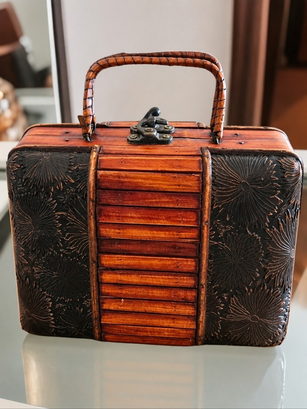 Vintage Wooden bamboo and embossed floral box bag. Contents In Bag Not Incl 😀